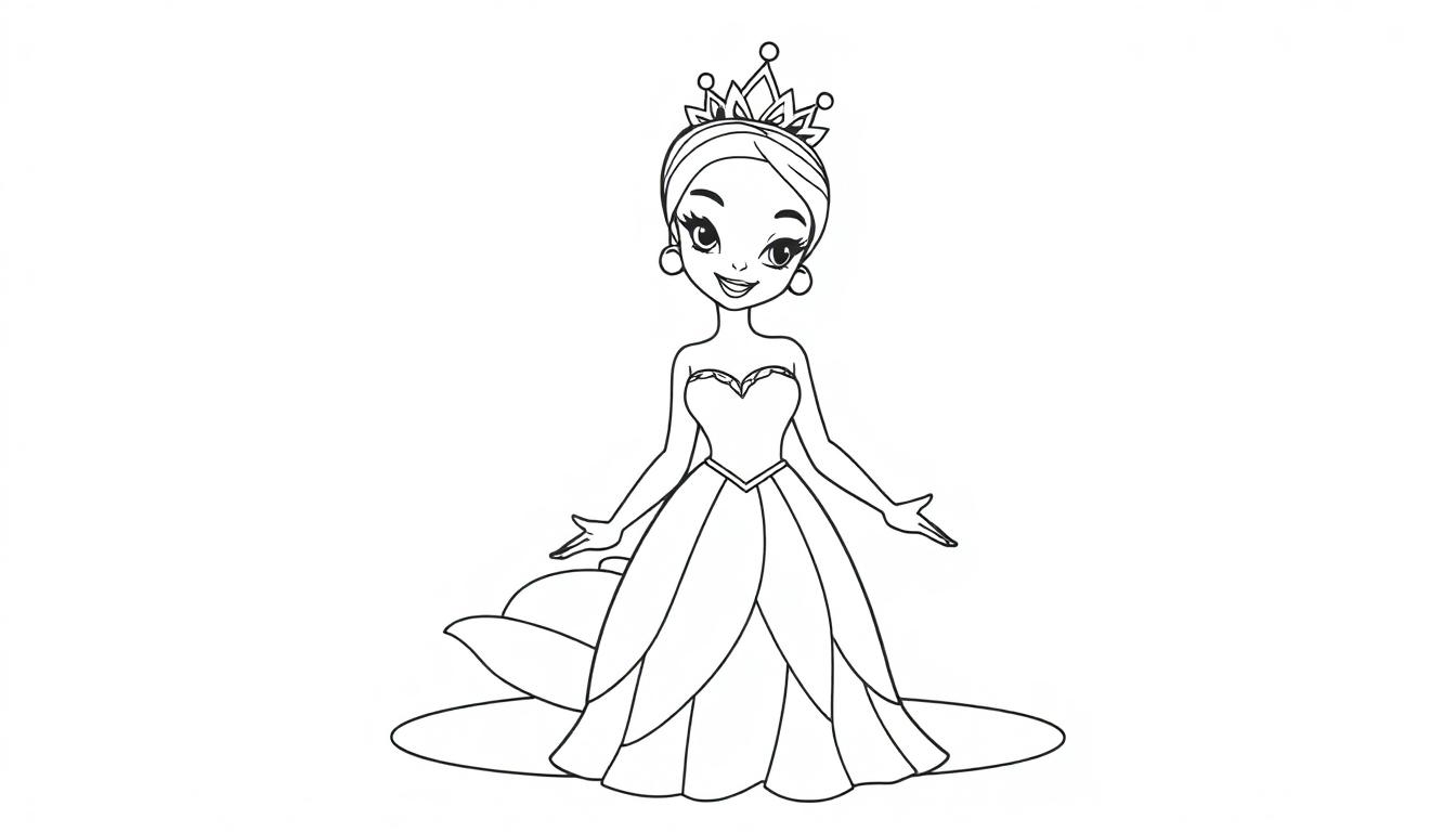 Eine stilisierte schwarz-weiße Farbtafel einer lächelnden Prinzessin mit Krone auf einer Seerose.