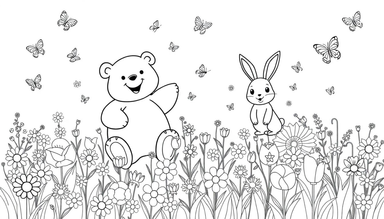Eine Schwarz-Weiß-Zeichnung eines Teddybären und eines Hasen auf einer Blumenwiese mit Schmetterlingen.