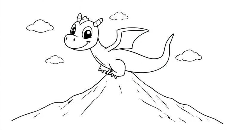 Eine schwarz-weiße Farbtafel-Zeichnung eines lächelnden Cartoon-Drachen, der auf einem gezackten Berg sitzt, mit kleinen Flügeln, Hörnern und einem langen Schwanz, umgeben von Wolken.