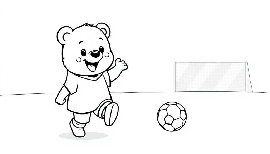 Ein Cartoon-Bär im schwarz-weißen Fußball-Design zum Ausmalen, der den Ball kickt, eine Farbtafel.