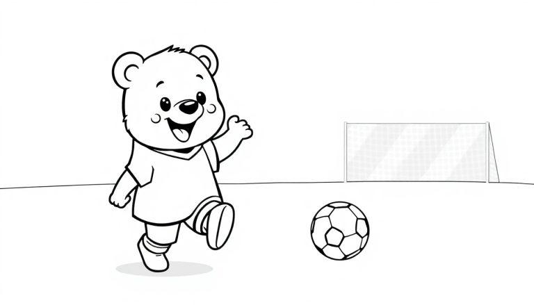 Ein Cartoon-Bär im schwarz-weißen Fußball-Design zum Ausmalen, der den Ball kickt, eine Farbtafel.