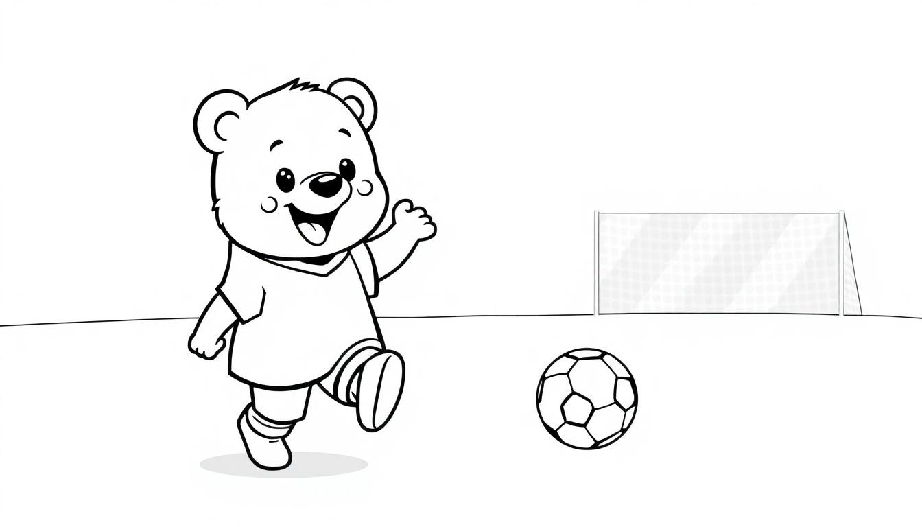 Ein Cartoon-Bär im schwarz-weißen Fußball-Design zum Ausmalen, der den Ball kickt, eine Farbtafel.