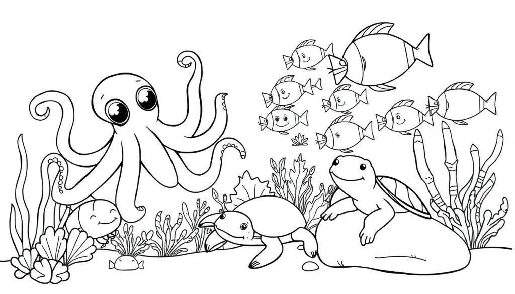 Eine Farbtafel-Unterwasserszene mit einem freundlichen Oktopus und anderen Meeresbewohnern.