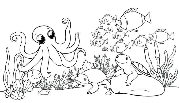 Eine Farbtafel-Unterwasserszene mit einem freundlichen Oktopus und anderen Meeresbewohnern.