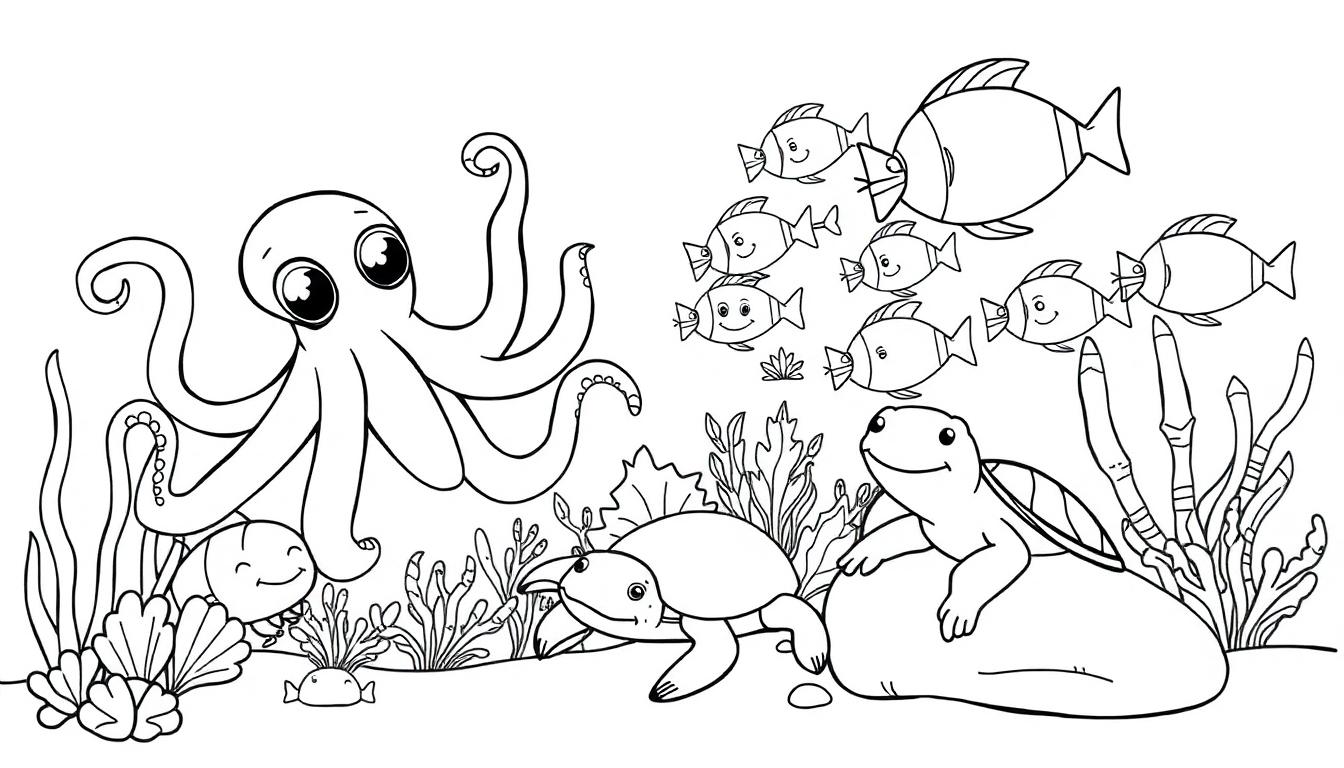 Eine Farbtafel-Unterwasserszene mit einem freundlichen Oktopus und anderen Meeresbewohnern.