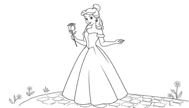 Belle, eine Farbtafel-Zeichnung, hält eine Rose in ihrem Schlossgarten.
