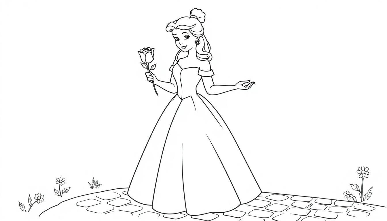Belle, eine Farbtafel-Zeichnung, hält eine Rose in ihrem Schlossgarten.