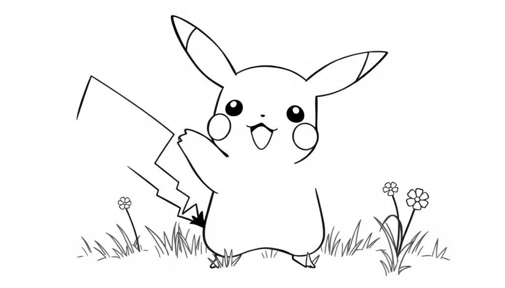 Pikachu Farbtafel zum Ausmalen, winkt fröhlich.