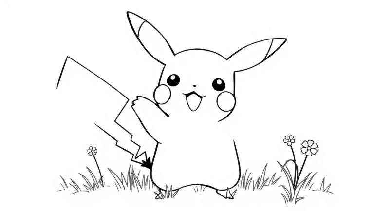 Pikachu Farbtafel zum Ausmalen, winkt fröhlich.