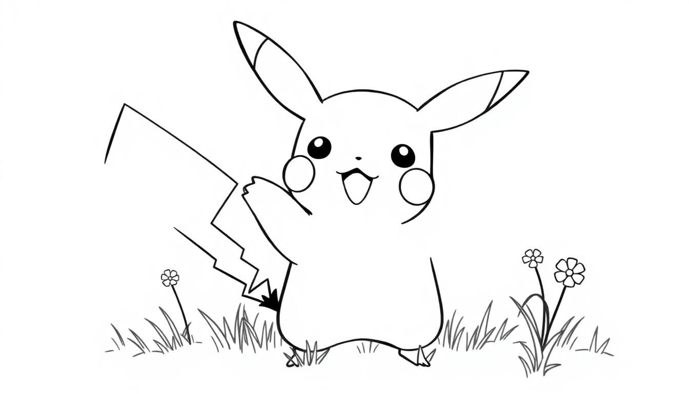 Pikachu Farbtafel zum Ausmalen, winkt fröhlich.