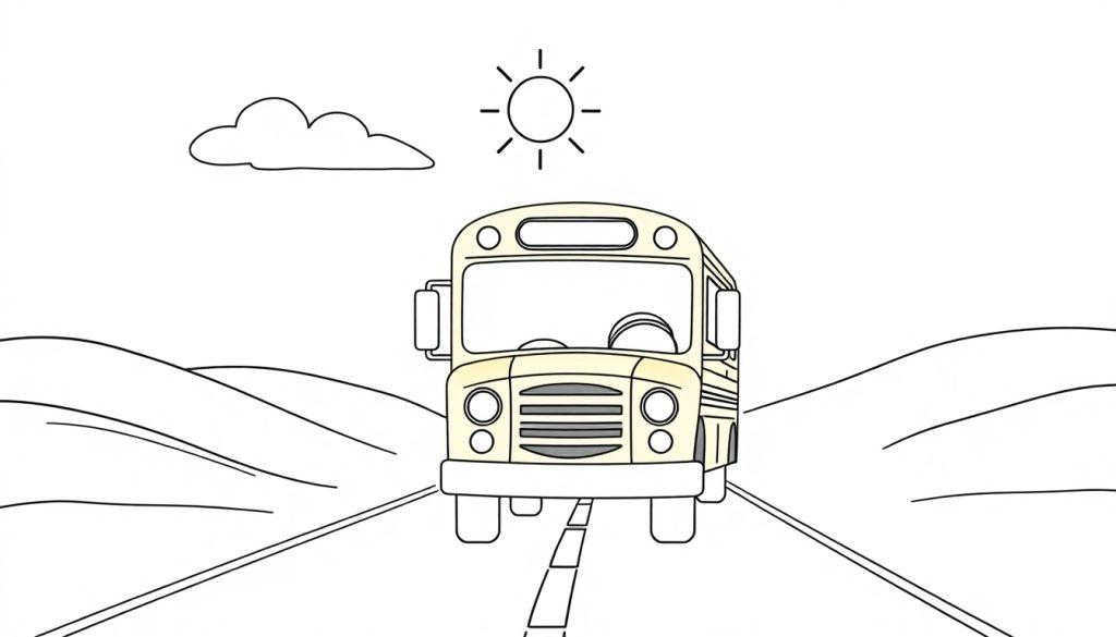 Ein gelber Schulbus fährt auf einer Straße mit Hügeln und Sonne, eine einfache Farbtafel.