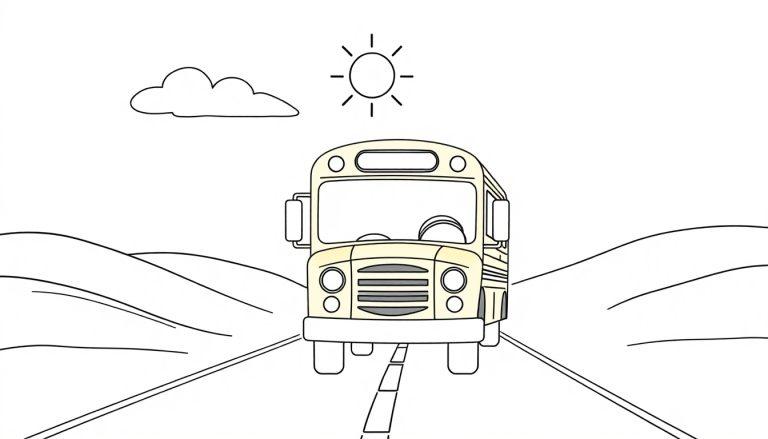 Ein gelber Schulbus fährt auf einer Straße mit Hügeln und Sonne, eine einfache Farbtafel.