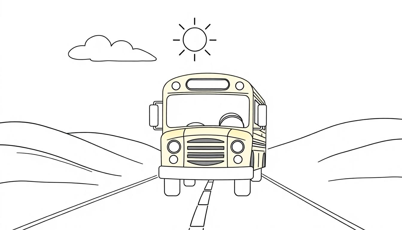 Ein gelber Schulbus fährt auf einer Straße mit Hügeln und Sonne, eine einfache Farbtafel.