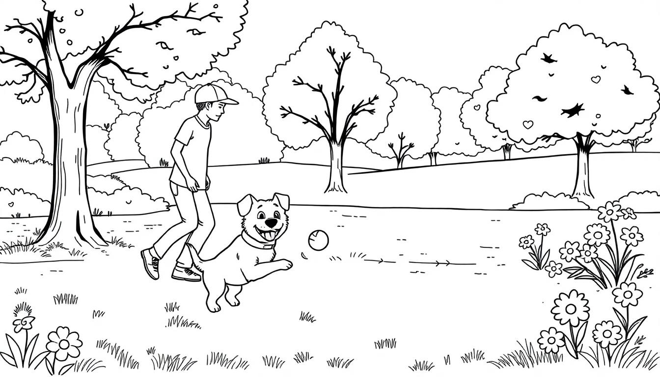 Ein Junge spielt mit seinem Hund und einem Ball in einem Park mit Blumen und Bäumen.