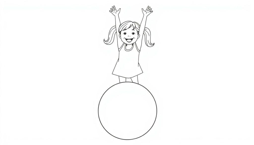 Farbtafel eines fröhlichen Mädchens mit Zöpfen, das auf einem großen Ball steht und ihre Arme jubelnd hochhebt.