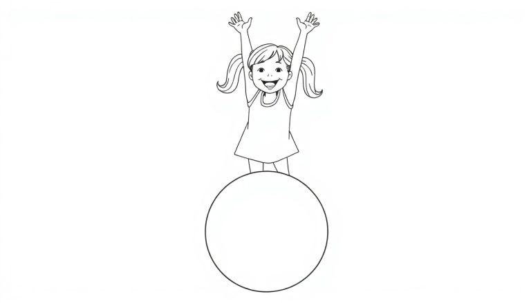 Farbtafel eines fröhlichen Mädchens mit Zöpfen, das auf einem großen Ball steht und ihre Arme jubelnd hochhebt.