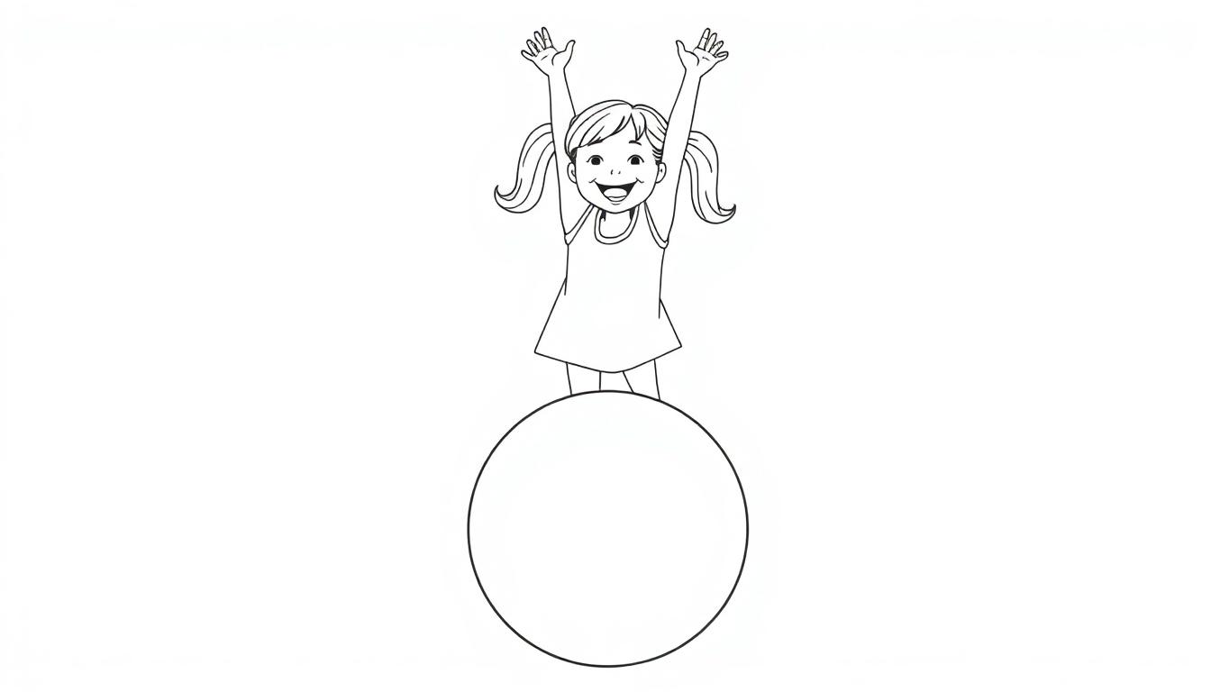 Farbtafel eines fröhlichen Mädchens mit Zöpfen, das auf einem großen Ball steht und ihre Arme jubelnd hochhebt.