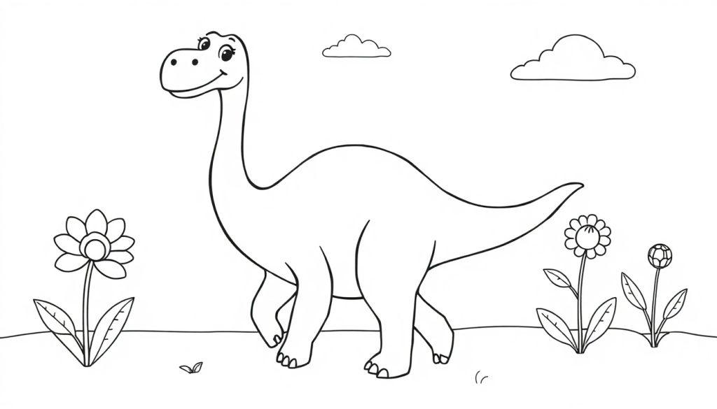 Schwarz-Weiß-Farbtafel eines freundlichen Brachiosaurus in einer Parklandschaft.