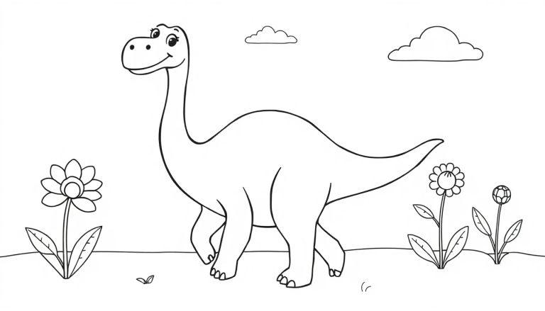 Schwarz-Weiß-Farbtafel eines freundlichen Brachiosaurus in einer Parklandschaft.