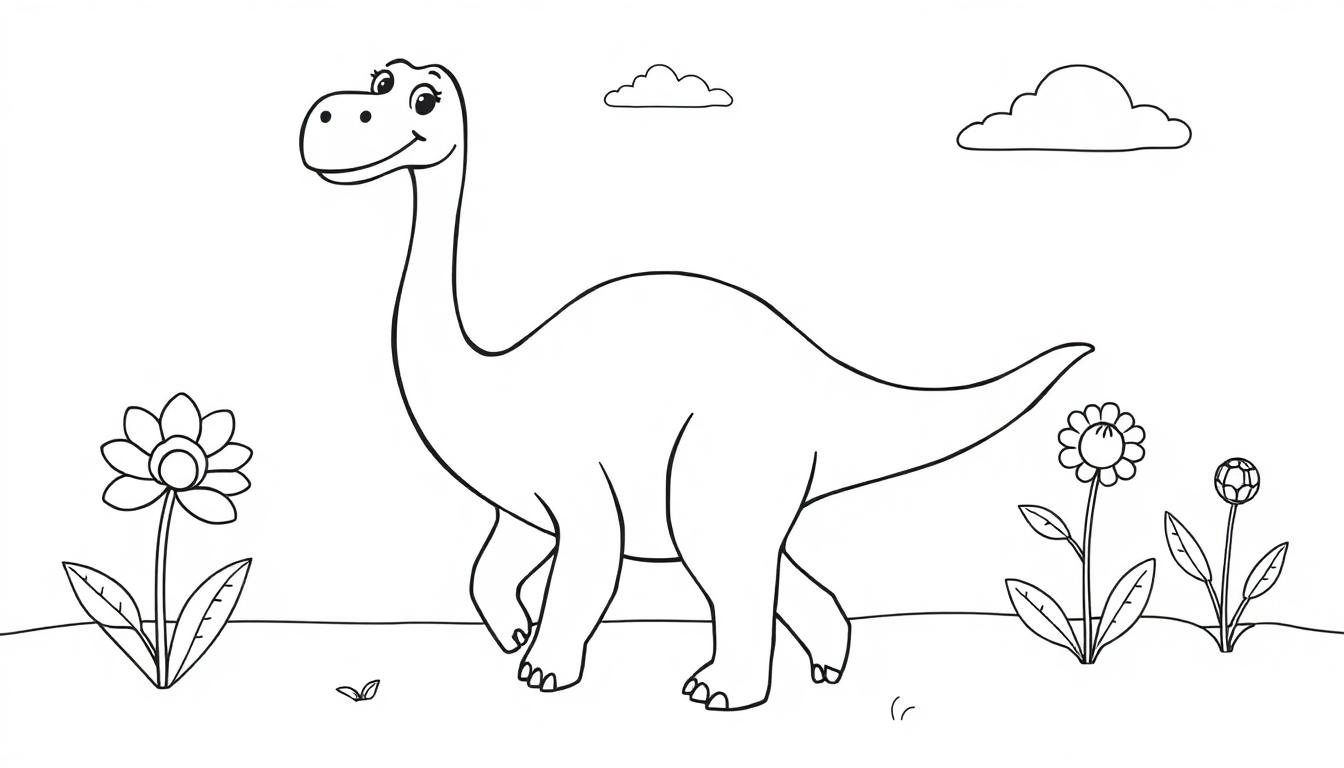 Schwarz-Weiß-Farbtafel eines freundlichen Brachiosaurus in einer Parklandschaft.