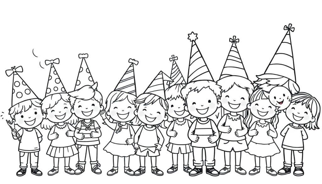 Eine Gruppe lachender Kinder mit bunten Farbtafel-Partyhüten in einer Reihe.