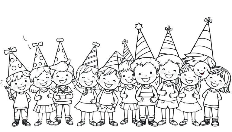 Eine Gruppe lachender Kinder mit bunten Farbtafel-Partyhüten in einer Reihe.