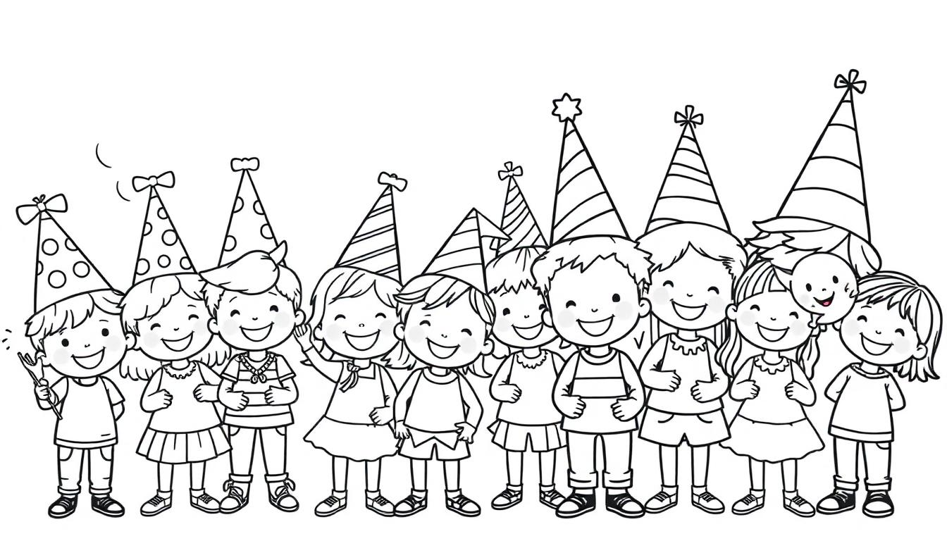 Eine Gruppe lachender Kinder mit bunten Farbtafel-Partyhüten in einer Reihe.