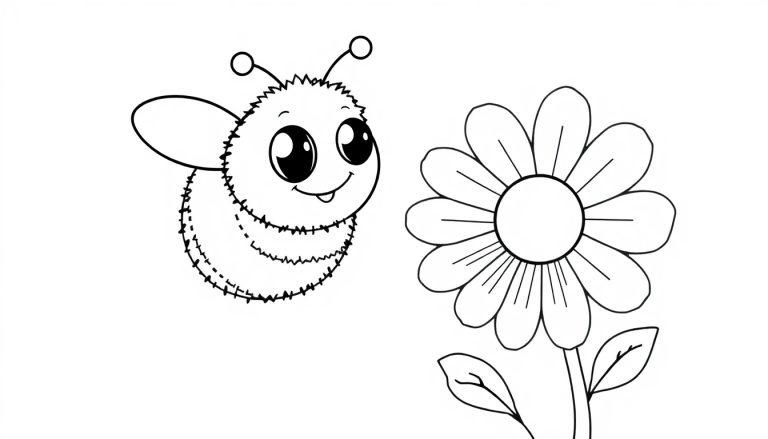 Eine schwarz-weiße Farbtafel-Zeichnung einer niedlichen Biene sitzt auf einer Blume.