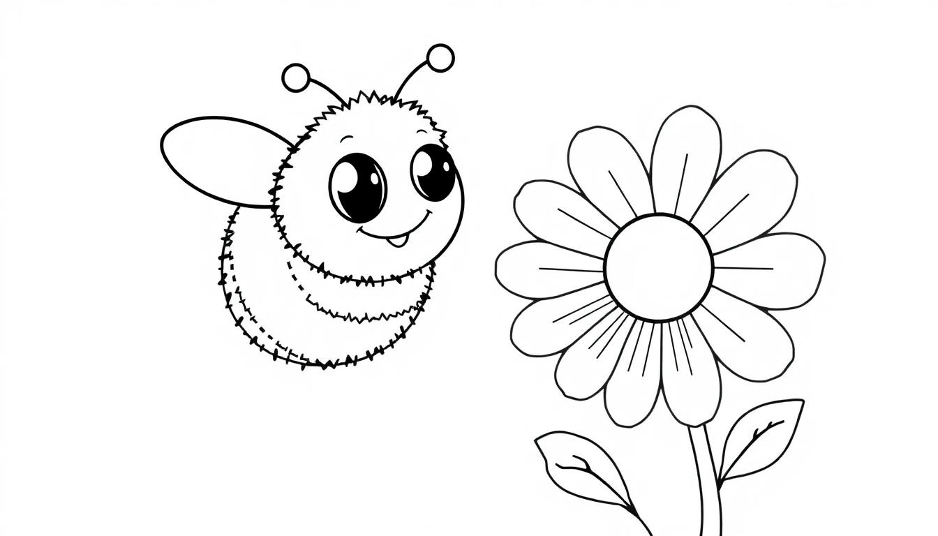 Eine schwarz-weiße Farbtafel-Zeichnung einer niedlichen Biene sitzt auf einer Blume.
