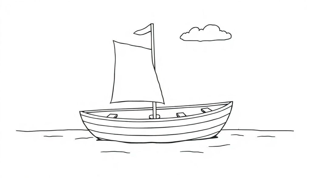 Eine einfache Schwarzweiß-Farbtafel-Zeichnung eines Segelboots auf dem Wasser mit einer Wolke.
