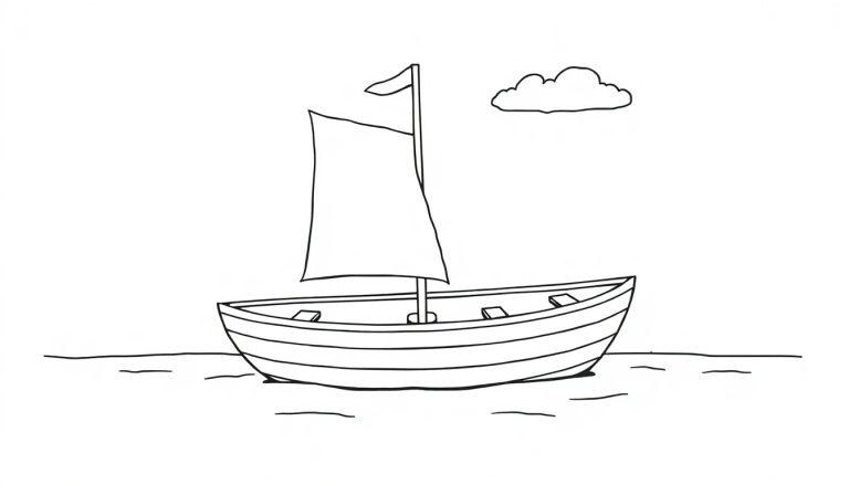 Eine einfache Schwarzweiß-Farbtafel-Zeichnung eines Segelboots auf dem Wasser mit einer Wolke.