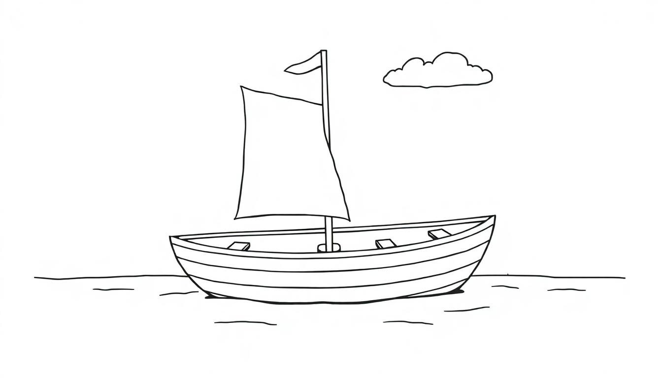Eine einfache Schwarzweiß-Farbtafel-Zeichnung eines Segelboots auf dem Wasser mit einer Wolke.