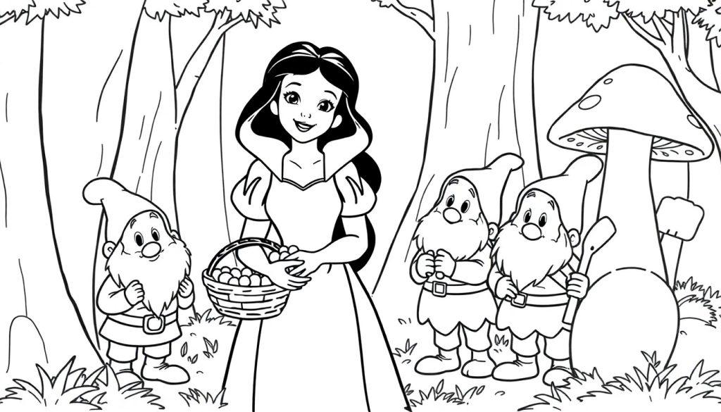 Schneewittchen und drei Zwerge im Wald als Schwarz-Weiß-Farbtafel-Illustration.