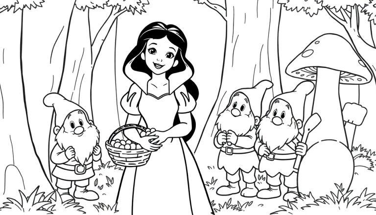 Schneewittchen und drei Zwerge im Wald als Schwarz-Weiß-Farbtafel-Illustration.