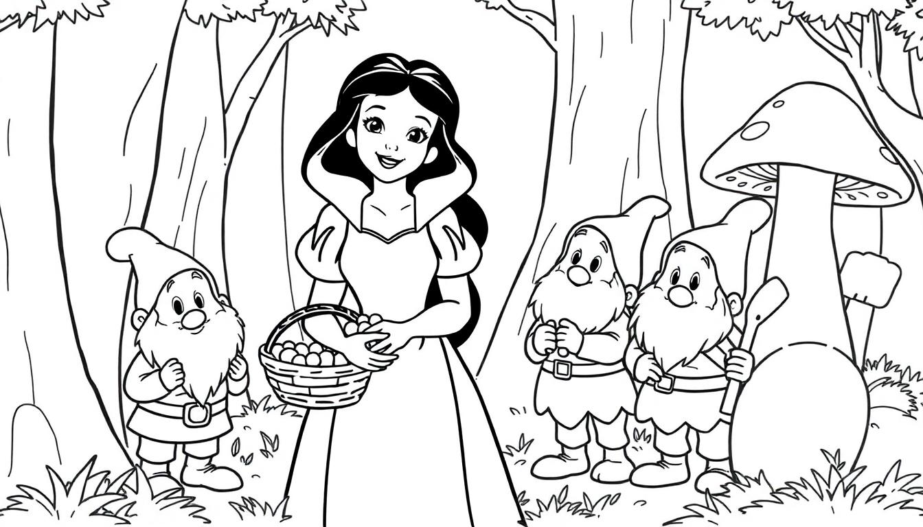 Schneewittchen und drei Zwerge im Wald als Schwarz-Weiß-Farbtafel-Illustration.