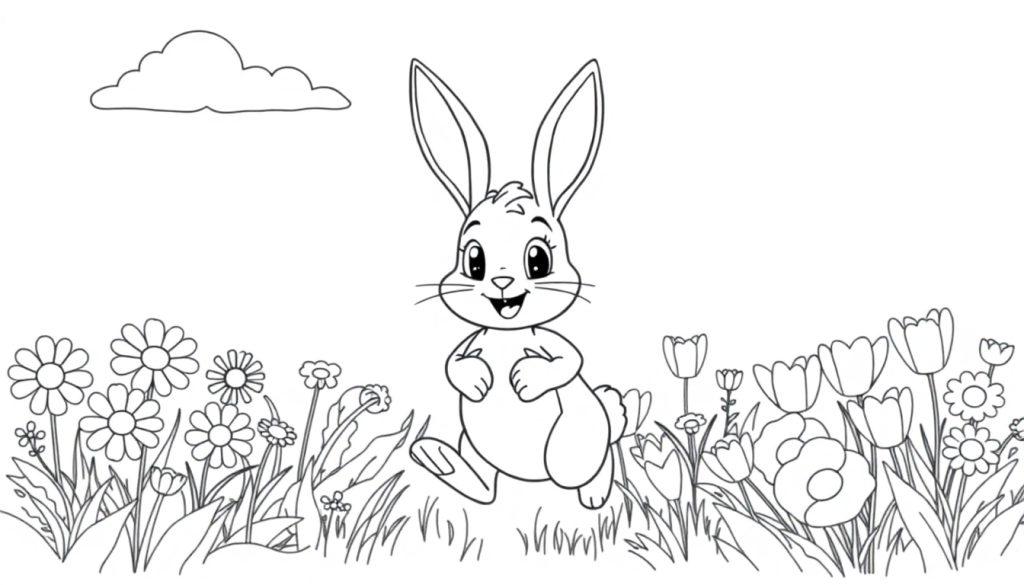 Schwarz-Weiß-Farbtafel eines fröhlichen Cartoon-Osterhasen, der auf einer Frühlingswiese voller Blumen tanzt.