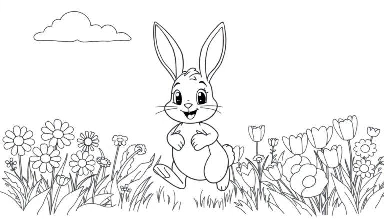 Schwarz-Weiß-Farbtafel eines fröhlichen Cartoon-Osterhasen, der auf einer Frühlingswiese voller Blumen tanzt.