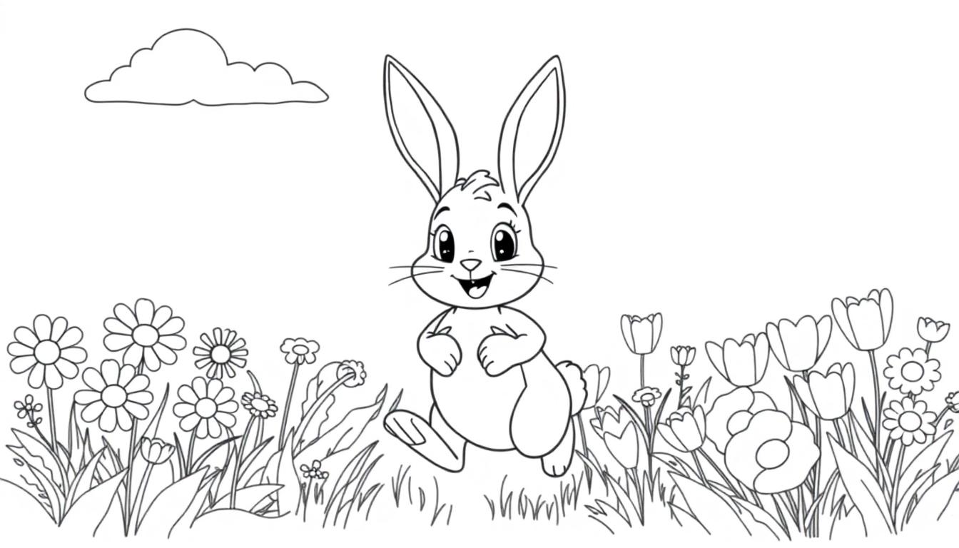 Schwarz-Weiß-Farbtafel eines fröhlichen Cartoon-Osterhasen, der auf einer Frühlingswiese voller Blumen tanzt.
