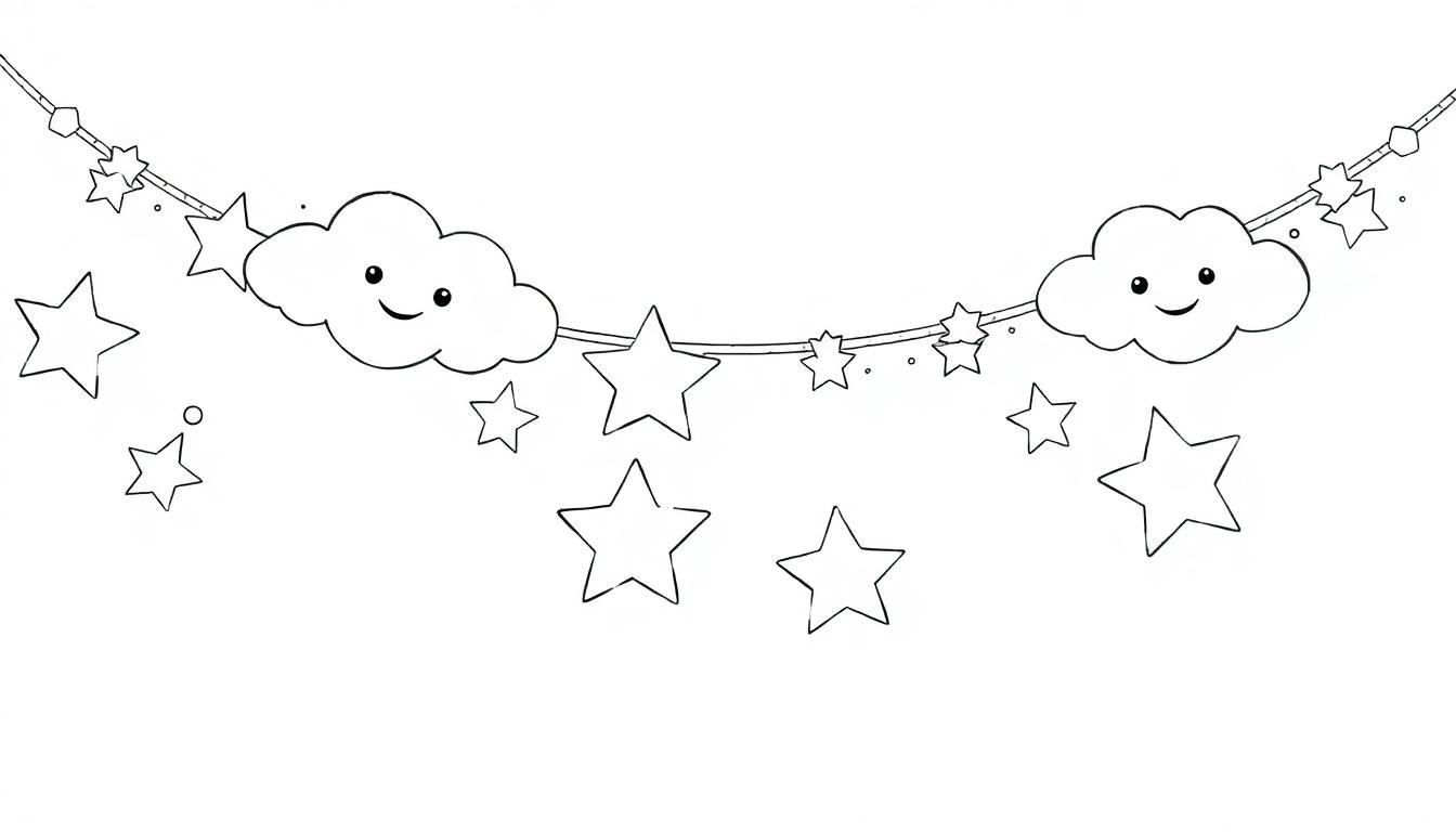 Schwarz-weiße Illustration eines Kinderhimmels mit Girlande aus Sternen und Wolken mit Gesichtern.