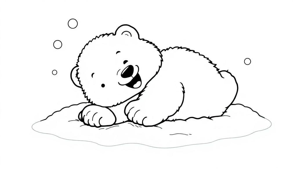 Schwarz-Weiß-Farbtafel eines süßen Eisbärbabys, das lächelnd im Schnee liegt, mit drei leeren Kreisen daneben.