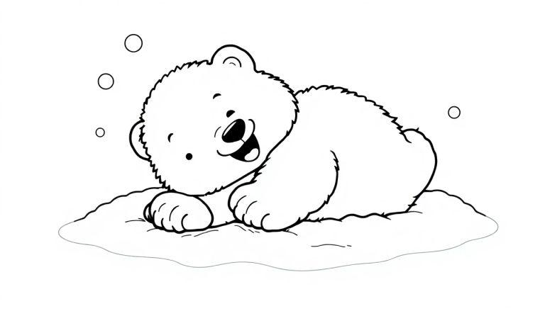 Schwarz-Weiß-Farbtafel eines süßen Eisbärbabys, das lächelnd im Schnee liegt, mit drei leeren Kreisen daneben.