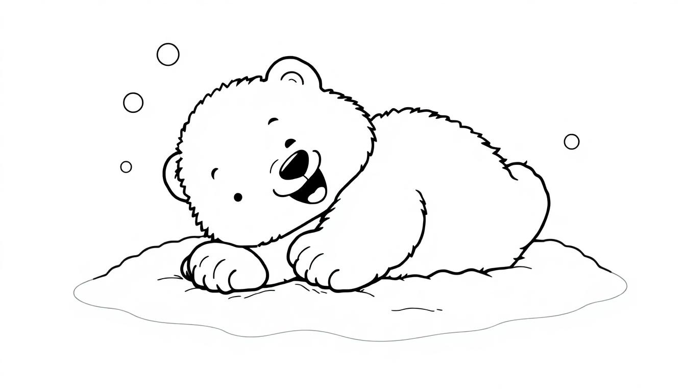 Schwarz-Weiß-Farbtafel eines süßen Eisbärbabys, das lächelnd im Schnee liegt, mit drei leeren Kreisen daneben.