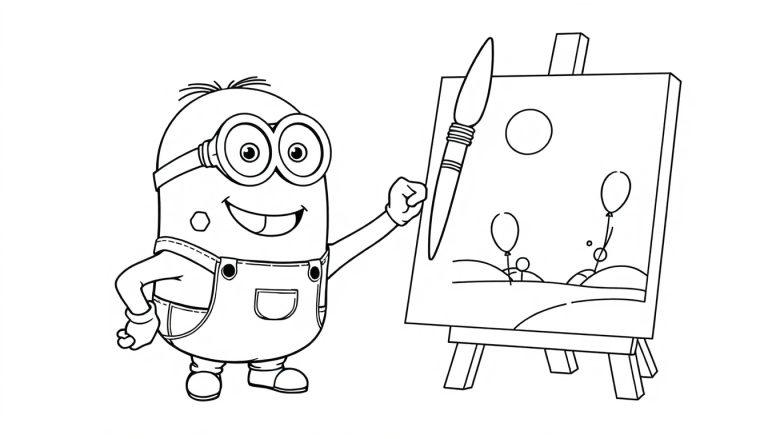 Schwarz-weiß-Farbtafel eines lächelnden Minions mit Latzhose und Schutzbrille, der neben einer Staffelei steht und einen Pinsel hält, mit einem unfertigen Gemälde von Ballons und einer Sonne.