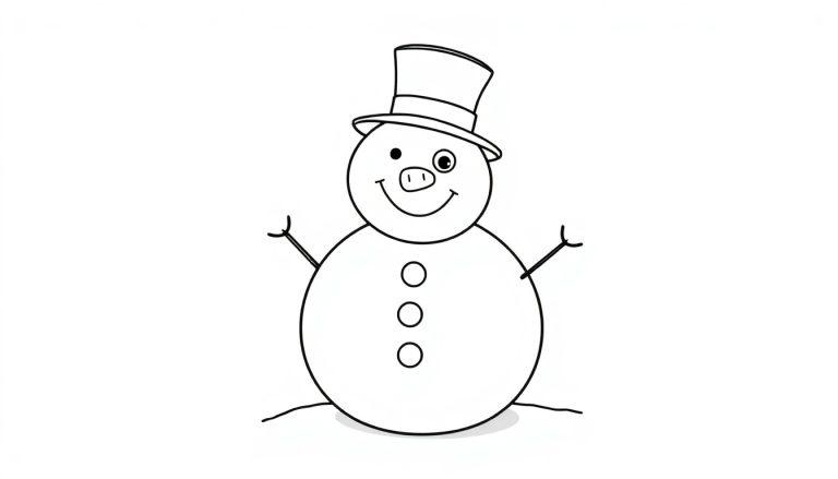 Ein Schwarz-Weiß-Ausmalbild von einem fröhlichen Schneemann mit einer Karottennase und einem Hut, bereit zum Ausmalen für eine Farbtafel.