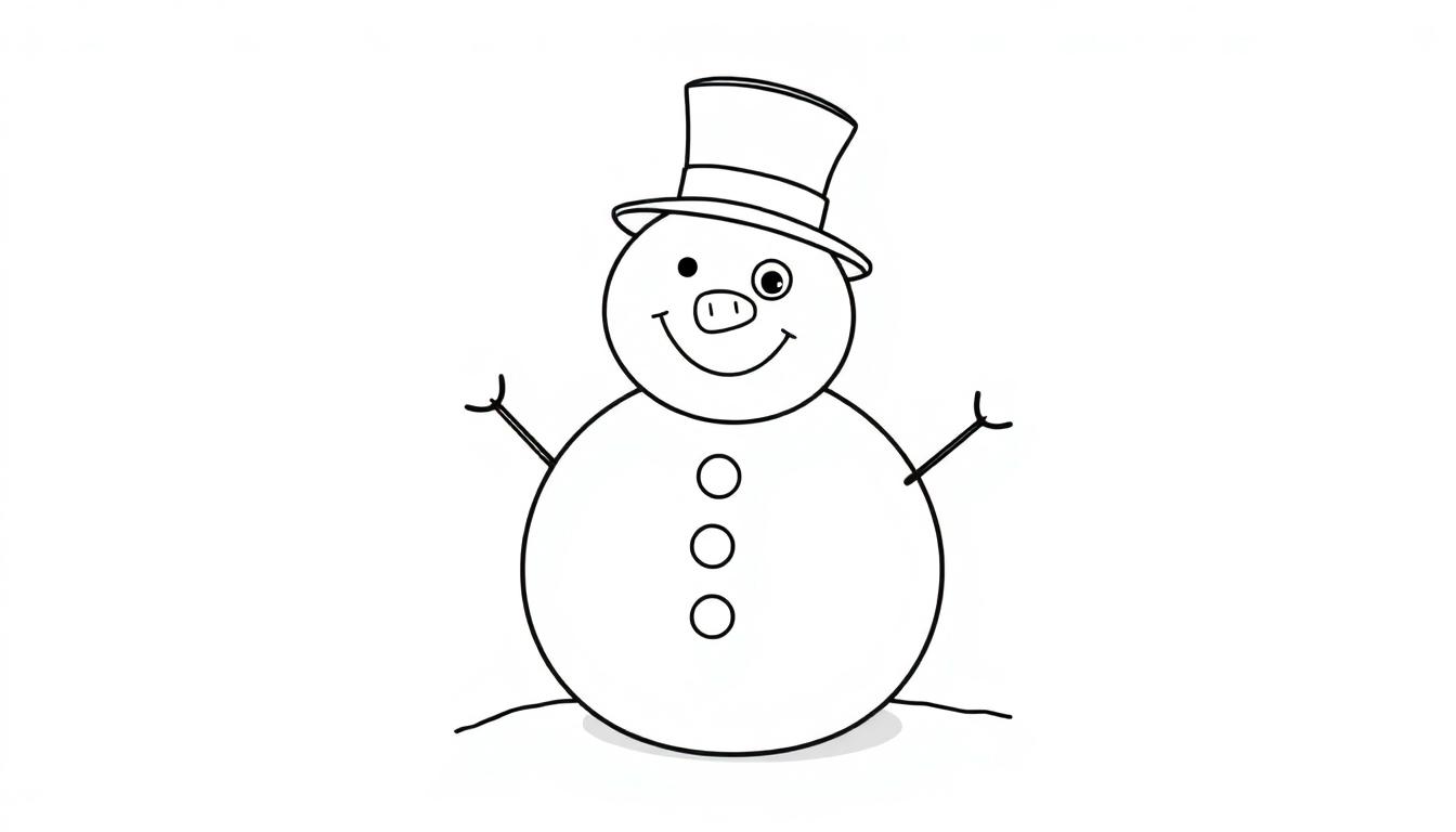Ein Schwarz-Weiß-Ausmalbild von einem fröhlichen Schneemann mit einer Karottennase und einem Hut, bereit zum Ausmalen für eine Farbtafel.