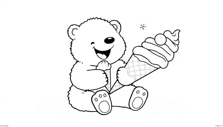 Schwarz-Weiß-Farbtafel eines Cartoon-Eisbären mit einer riesigen Eistüte.