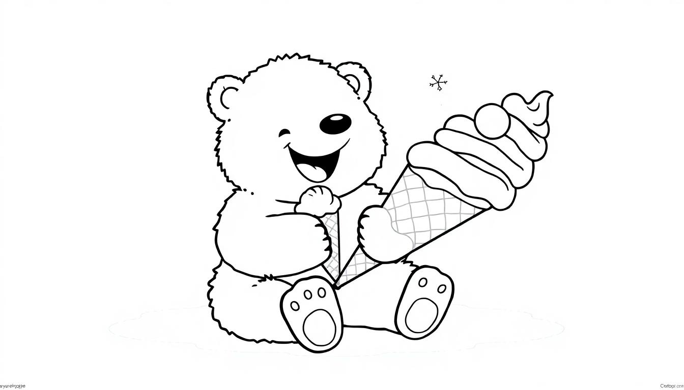 Schwarz-Weiß-Farbtafel eines Cartoon-Eisbären mit einer riesigen Eistüte.