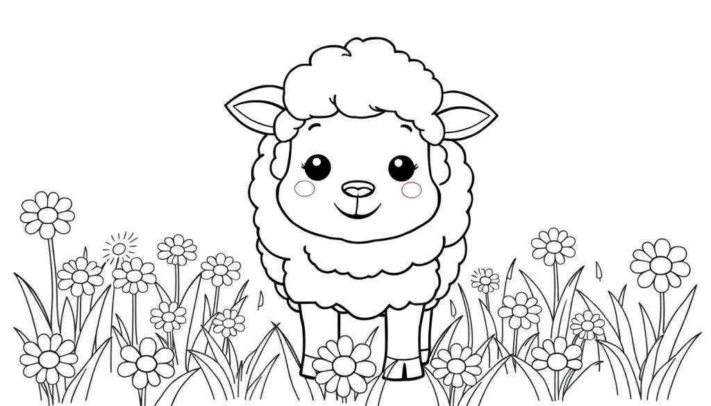 Eine Schwarz-Weiß-Farbtafel eines süßen Lamms auf einer Blumenwiese.