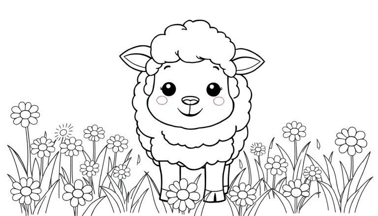 Eine Schwarz-Weiß-Farbtafel eines süßen Lamms auf einer Blumenwiese.