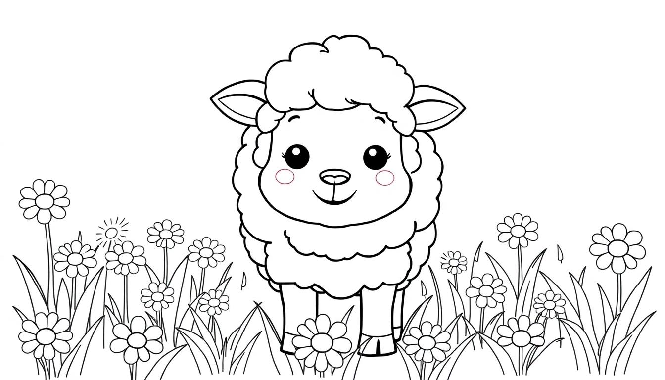 Eine Schwarz-Weiß-Farbtafel eines süßen Lamms auf einer Blumenwiese.